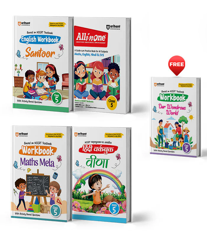 Combo of All in one & workbook Clas 5 | (Maths, English, Hindi & EVS) & Veena Hindi, Santoor English, Maths Mela | With Free Our Wondrous World | Based on New NCERT Released on April 2025