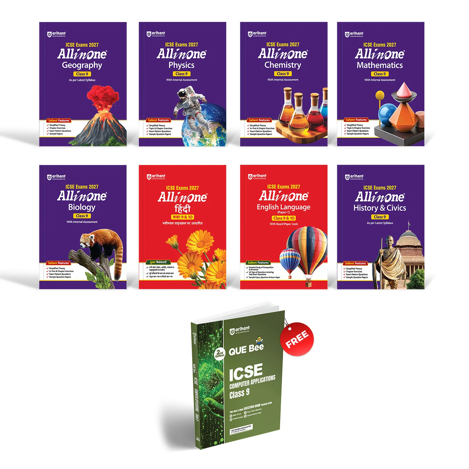 Combo of ICSE All in One Class 9 Exam 2027 | History & Civics, Geography, Physics, Chemistry, Maths, Biology, Eng. Lang. (Part -1), & Hindi | With Free ICSE QUEE BEE Computer Applications