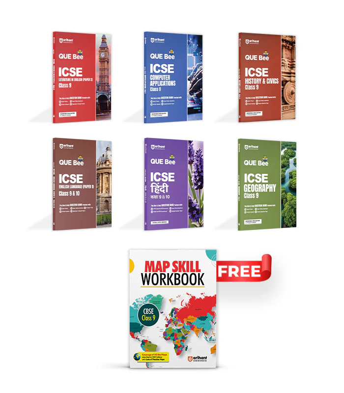 Combo of ICSE QUE Bee Class 10th Exam 2026 | Computer Application, English Lit, Geography. Hindi, History & Civics, English (9 & 10)| With Free Map Skill Social Sciene Class 9th