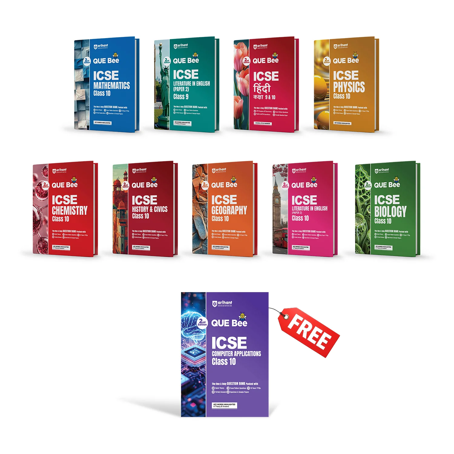 Combo of ICSE QUEE BEE Class 9 & 10 Exam 2027 | English LIt (Paper-2), Hindi, History & Civics, Geography, Physics, Chemistry, Mathematics, Biology | With Free ICSE Computers Application Class 10
