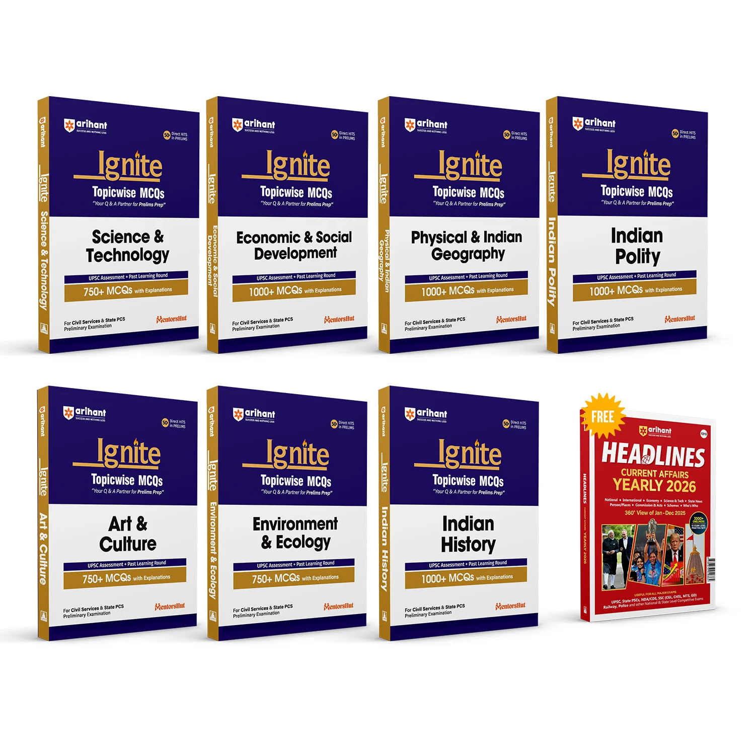 Combo of Ignite Topicwise MCQs | Art & Culture, Environment & Eco., Indian Polity, Sci. & Tech., Physical & Indian Geography, History, Eco. & Social Development | With Free Headline Current Affairs 2026 | English Medium