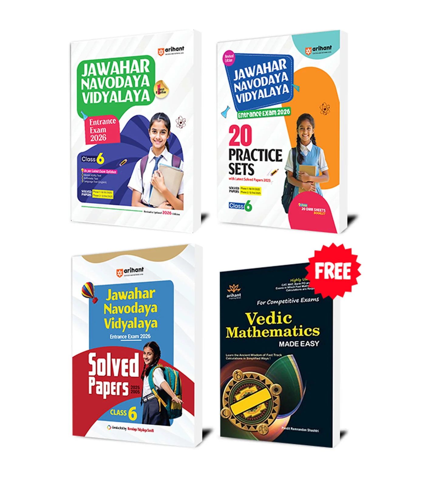 Combo of Jawahar Navodaya Vidhyalya Class 6th Entrance Exam 2026 | Study Guide With 20 Practice Sets & Solved Papers (2025-2005)| With Free Vedic Mathematics