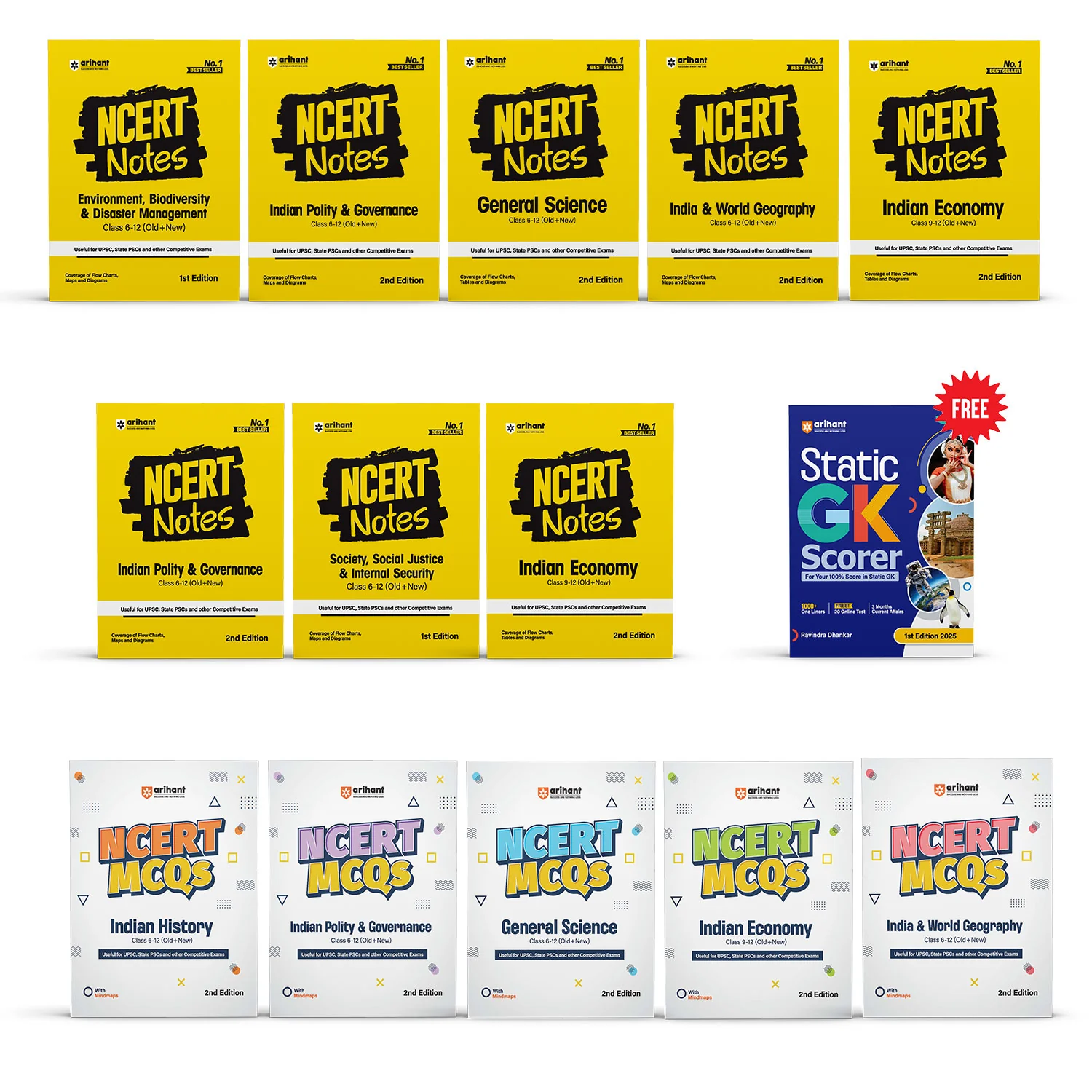 Combo of NCERT Notes & MCQs (Class 6-12) | General Sci., In. & World Geo, In. Economy, In. History, In. polity, W. Histroy, Environment, Biodiversity & Diaster Management,Society, Social Justice & Internal Security | With Free Static GK | English Medium