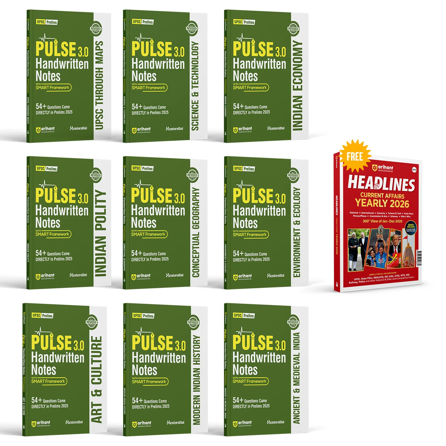 Combo of Pulse 3.0 Hand Written Notes Geography, Art & Culture, Modern Indian History, Ancient & Medieval India, Environment & Eco., Indian Polity, Indian Eco., Sci. & Tech, UPSC Through Maps | With Free Headline Current Affairs 2026 | English Medium